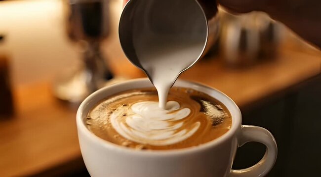 Closeup shot of pouring milk into a cup of cappuccino with latte art