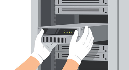 Two hands in white gloves are carefully installing a grey server unit with indicator lights into a slot in a server rack.