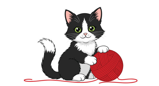 Adorable black and white tuxedo kitten playing with a large ball of red yarn while sitting on a clean white background.