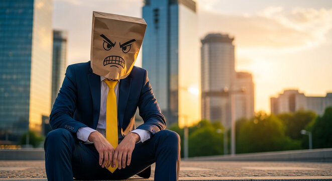 Figure with angry face drawn on bag over head, sitting in suit, representing frustration, stress, or anonymity in business environment, against city