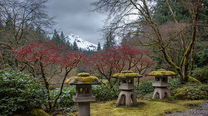 Stone lanterns surrounded by mossy trees under a snowy mountain