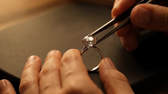 Close up of a goldsmith setting diamond ring with precision tweezers