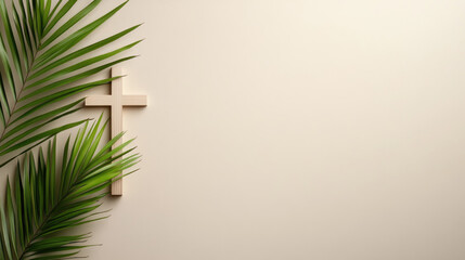 Fototapeta premium Wooden cross surrounded by vibrant green palm fronds and tropical leaves, representing Palm Sunday and Easter celebrations, a triumph of faith and new beginnings. Palm Sunday ,