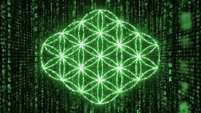 A glowing neon geometric shape on a digital screen displaying binary code in a dark environment viewed from directly above