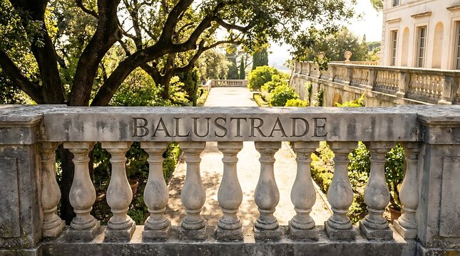Aged stone balustrade on sunlit terrace beside classical garden architecture.