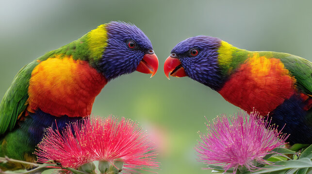 Two colorful parrots perched on pink flowers in a lush green forest.