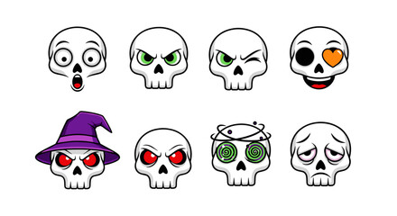 Fototapeta premium Collection of eight unique cartoon skulls with varied expressive emotions and styles including a witch hat skull