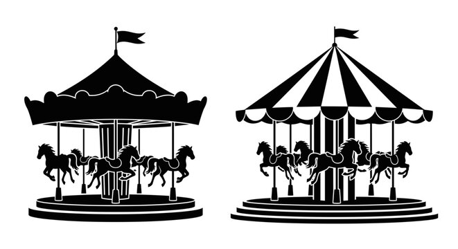 Two classic carousel merry go round rides with horses depicted in silhouette on a white background offering a nostalgic