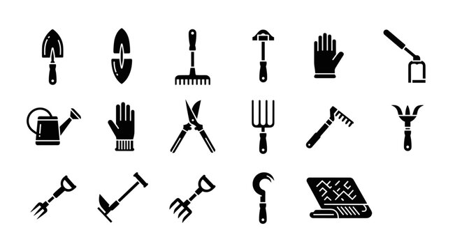 Collection of black silhouette icons representing various gardening tools and equipment
