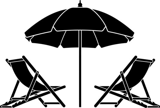 Beach scene with two deck chairs and umbrella