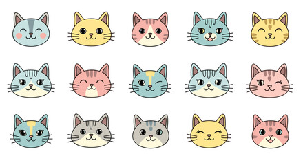 Obraz premium Collection of cute cartoon cat faces with various expressions and colors