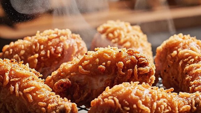 Delicious crispy fried chicken wings with a golden brown crunchy coating, hot and steamy, perfect for a satisfying meal and a delightful snack option