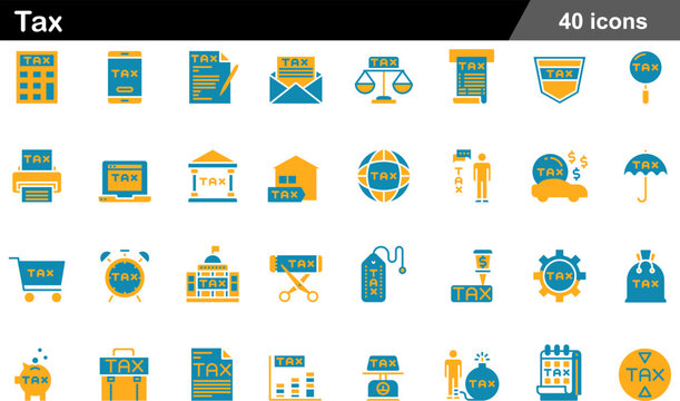 Taxes and Finance Two Tone Orange Teal Icons Set Tax Preparation, Financial Planning, Government Forms, Accounting Symbols and Business Assets for Web Design