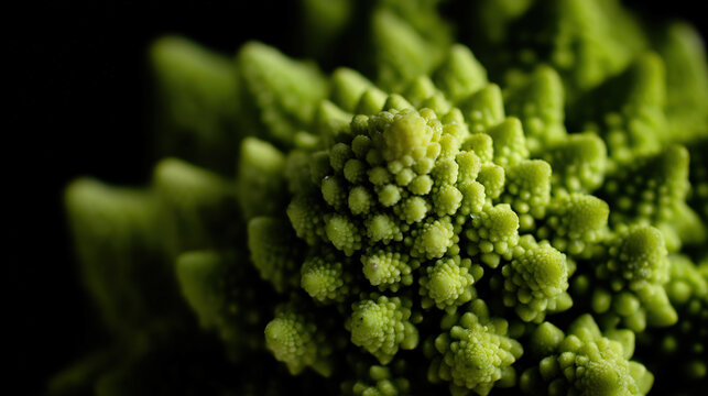 Close-up of vibrant green cauliflower florets on dark background