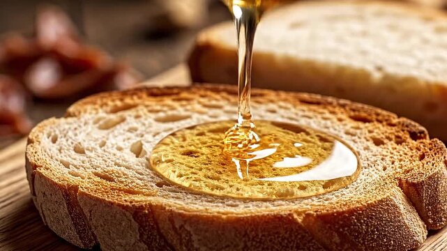 Golden natural honey gracefully drizzles onto a warm, toasted slice of rustic bread, creating a delightful and wholesome breakfast, emphasizing natural goodness and simple morning pleasure