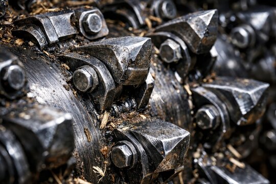 Intricate Machinery Mechanics Revealing Rusty Metal Grinding Tools with Spikes Highlighting Industrial Power and Precision Engineering captured with clarity