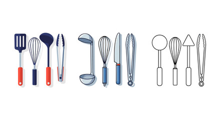 Collection of colorful and outline kitchen utensils for cooking and baking