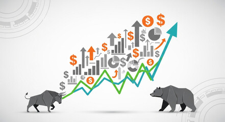 Financial Growth and Market Trends with Bull and Bear Symbols.
