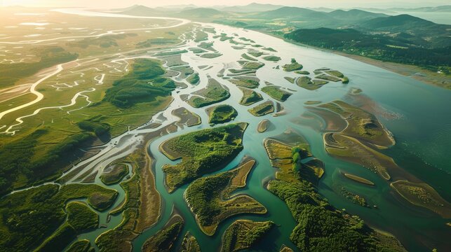 Aerial View of Winding River Delta and Lush Green Landscape at Sunset.
