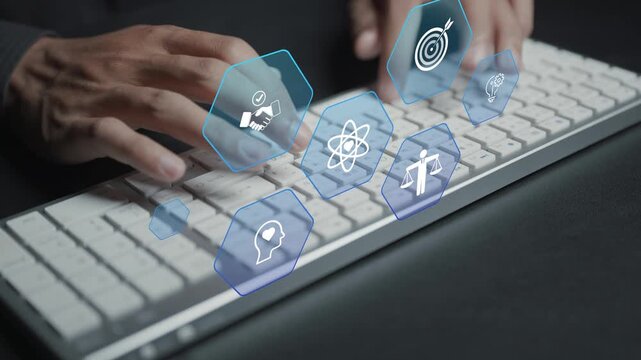 Core values concept. Person typing keyboard with company values and leadership icons, organizational culture, corporate principles and business ethics.