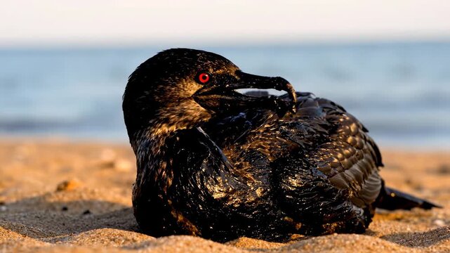  A heartbreaking, highly detailed close-up photograph of a severely oil-covered grebe sitting on a sandy beach