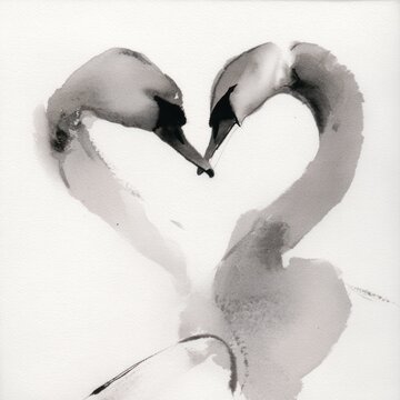 Artistic depiction of two swans forming a heart shape with their necks. Monochrome watercolor effect