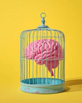 Conceptual pop art image of a pink human brain locked inside a vintage turquoise birdcage on a yellow background