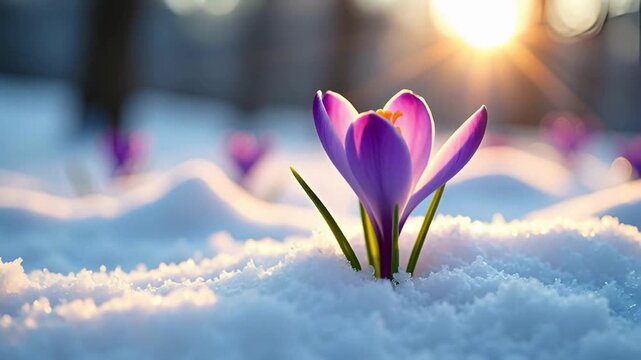 crocus flower blooming through snow in early spring