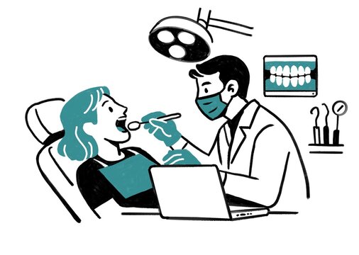 Dentista y paciente en una consulta dental. Todo en tonos turquesa y negro