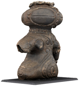 Ancient Jomon dogu clay figurine side view prehistoric Japanese statue isolated on transparent background 3D Render