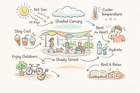 Strategies for Beating the Heat in Outdoor Environments with Shaded Canopy Solutions for Hydration and Relaxation Emphasizing Cool Temperatures and Outdoor Enjoyment