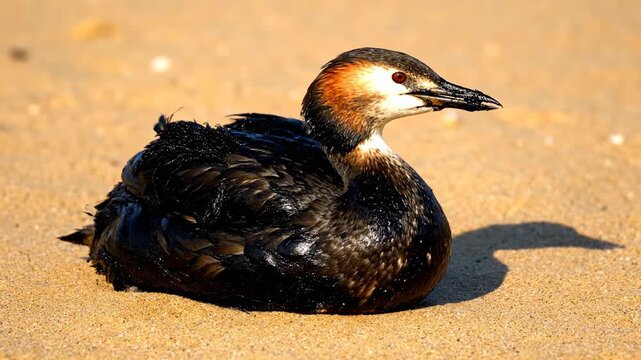  A heartbreaking, highly detailed close-up photograph of a severely oil-covered grebe sitting on a sandy beach