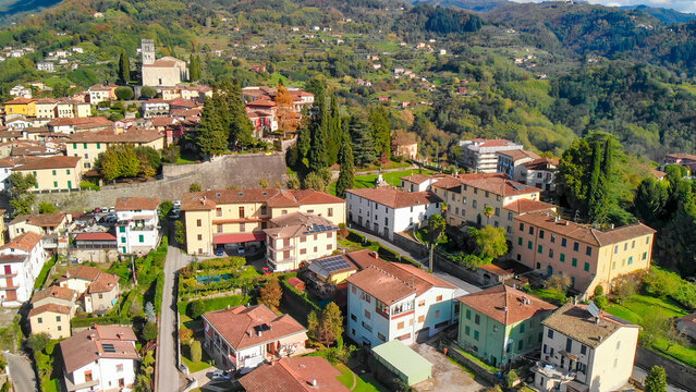 Stunning aerial panorama of Barga, Garfagnana, with clear skies and scenic landscapes
