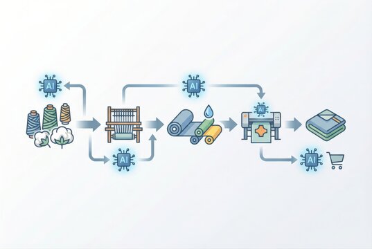Advanced Artificial Intelligence Integration in Textile Production from Raw Materials to Final Products captured with clarity