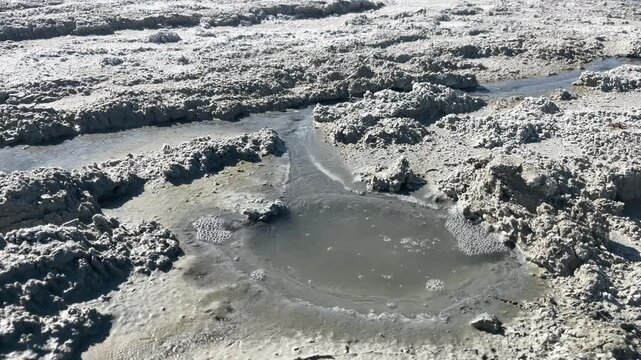 Close-up detail of small water sources naturally bubbling up from gray mud along the shore of Lake Burdur, forming bubbles on the surface. Natural geothermal activity landscape.