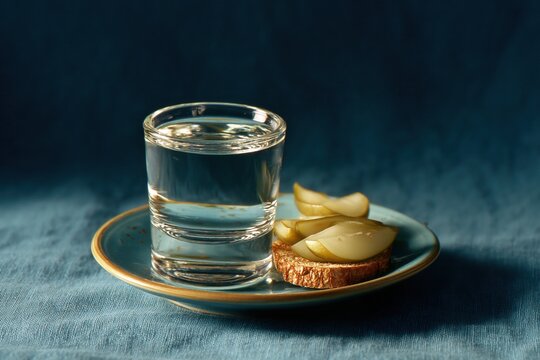 Classic Vodka Shot and Pickled Cornichons on Dark Bread