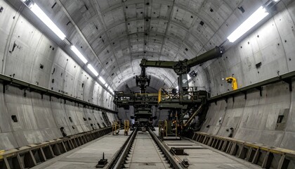 Fototapeta premium Massive Tunnel Construction with Advanced Machinery and Gantries Lined with Industrial Lighting