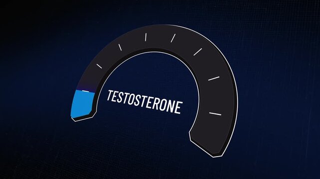 Animated testosterone level gauge on dark background, hormone levels rising and falling on dashboard meter, health metrics monitoring, vitality, energy changes and medical data, Copy space