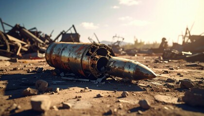 Fototapeta premium Weathered and battle-scarred fragment of a ballistic missile casing lying in debris under a bright sky, representing the aftermath of conflict