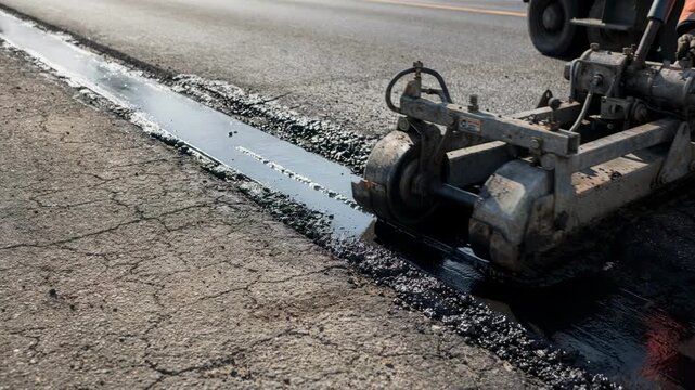 Medium shot capturing edge seal process on asphalt seam highlighting smooth compaction and material bonding under sunlight.