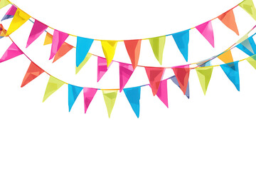 Obraz premium Colorful festival bunting flags decorating for a festive party celebration, vibrant triangle pennants on a transparent background