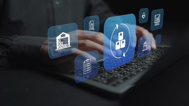 Procurement management and supply chain concept. Person using laptop with logistics and purchasing icons, supplier coordination, inventory control and business operations.