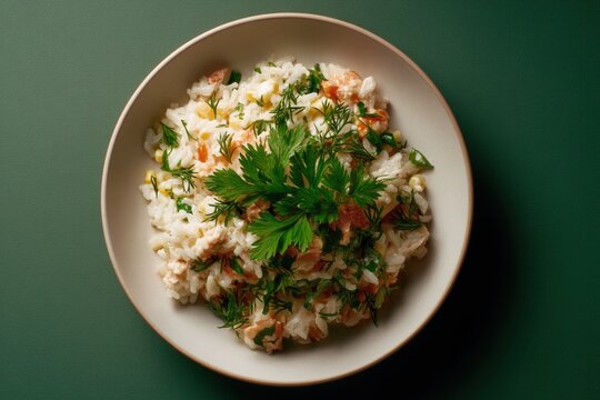 Crab Salad With Sticks, Corn, and Rice in a Bowl on Green Backdrop