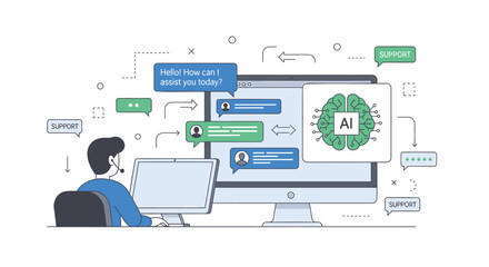 Vector illustration of man working with AI chatbot on computer