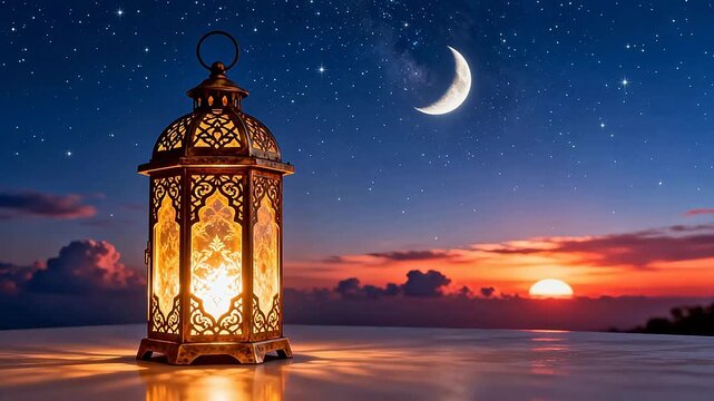 Lantern under moonlit sky at sunset