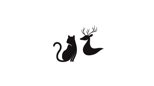 Black silhouettes of a cat and a deer illustration on a white background. Minimalist animal artwork concept.