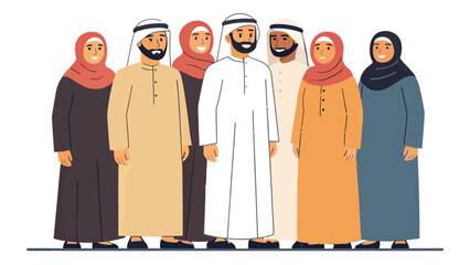 Diverse group of happy Middle Eastern people in traditional clothing standing together