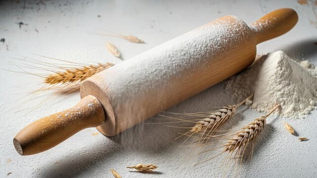 A wooden rolling pin covered in flour lies on a flour-covered surface surrounded by wheat