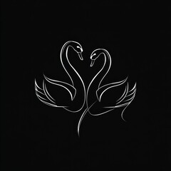 Fototapeta premium Delicate white outline of two swans forming a heart, against a stark black background