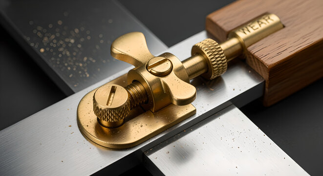 Close-up view of a metal and wood marking gauge with screw and wingnut on dark surface, product photography perspective